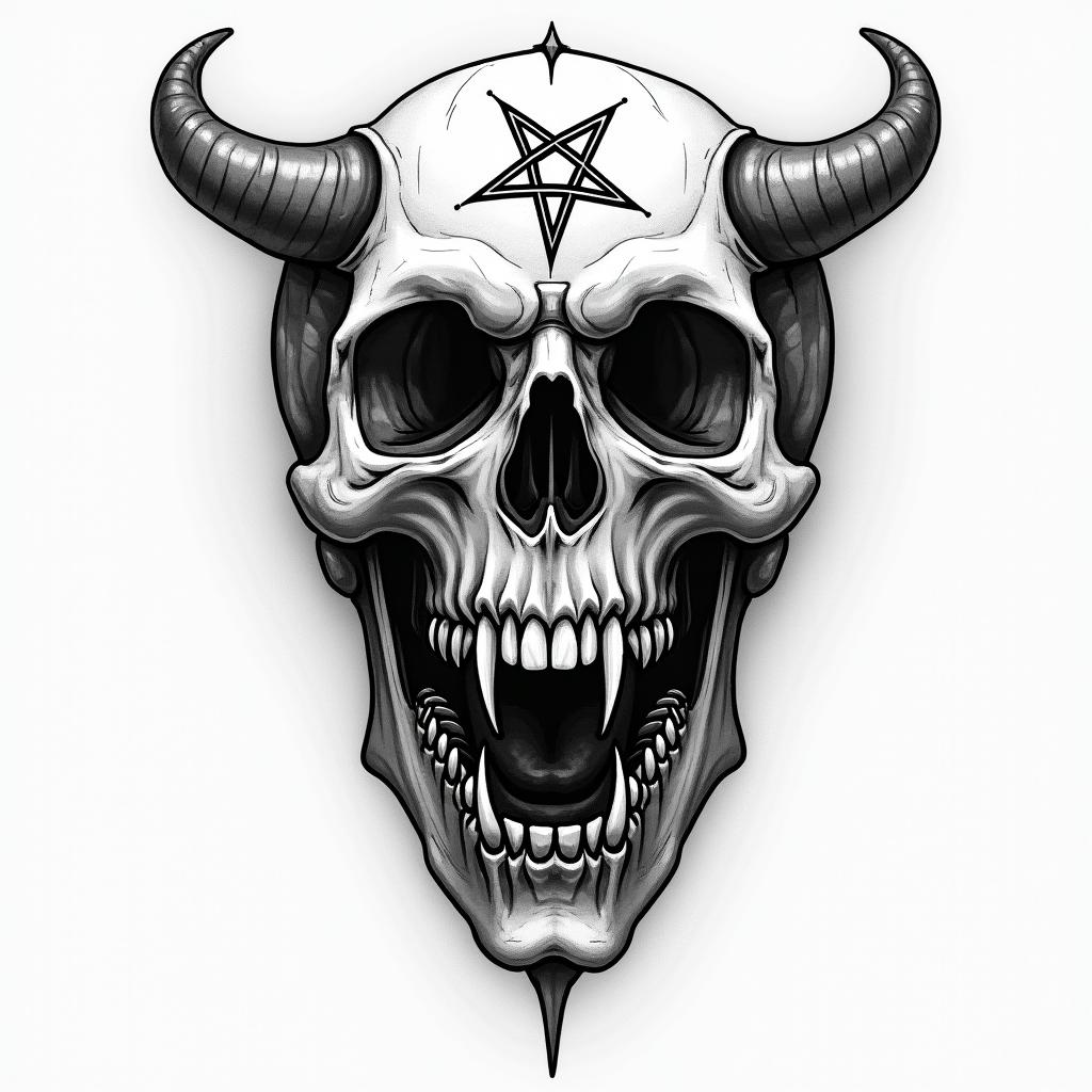 Manuelcreepy horror tattoo style, featuring an eerie and unsettling skull of a demonic creature, distorted face with sharp fangs, add pentagram symbol - Variation 2