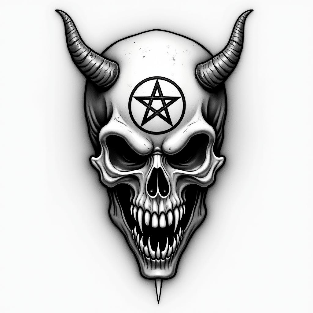 Manuelcreepy horror tattoo style, featuring an eerie and unsettling skull of a demonic creature, distorted face with sharp fangs, add pentagram symbol