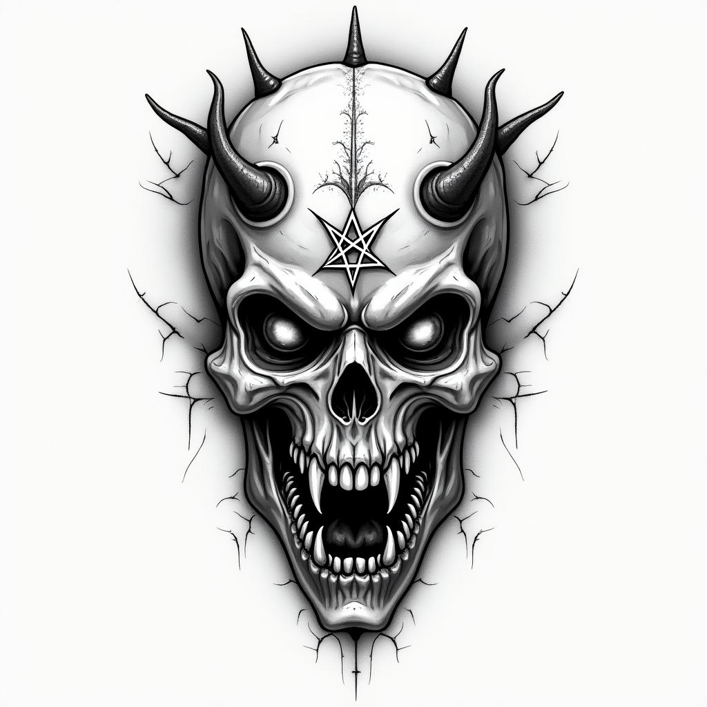 Manuelcreepy horror tattoo style, featuring an eerie and unsettling skull of a demonic creature, distorted face with sharp fangs, add pentagram symbol - Variation 3