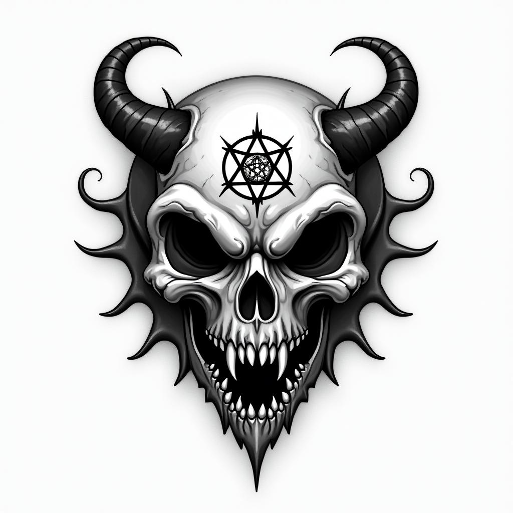 Design me a firefighting logocreepy horror tattoo style, featuring an eerie and unsettling skull of a demonic creature, distorted face with sharp fangs, add pentagram symbol - Variation 2