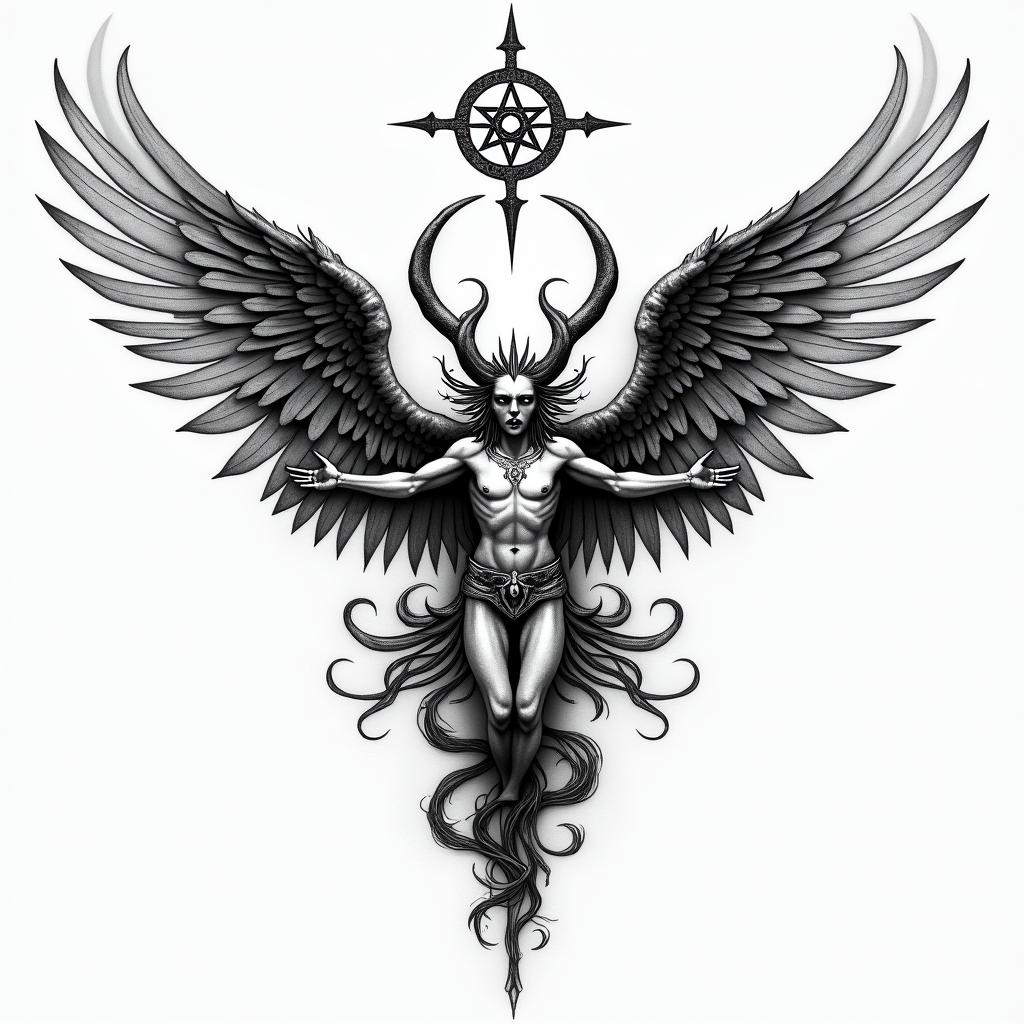 Angels and demonsin paganic style tattoo, featuring ancient symbols, add vegvisir symbol, mystical figures, incorporating designs, pentagrams, runes, crescent moons, - Variation 2