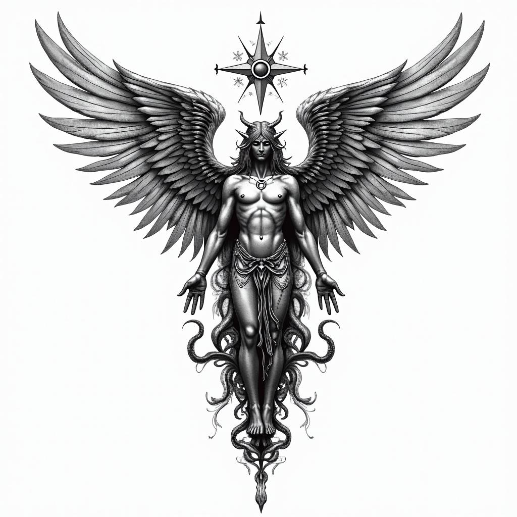 Angels and demonsin paganic style tattoo, featuring ancient symbols, add vegvisir symbol, mystical figures, incorporating designs, pentagrams, runes, crescent moons, - Variation 3
