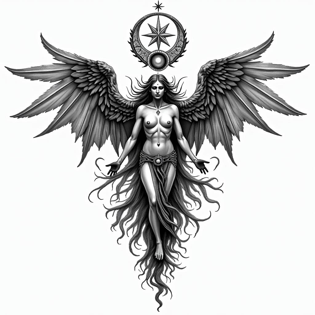 Angels and demonsin paganic style tattoo, featuring ancient symbols, add vegvisir symbol, mystical figures, incorporating designs, pentagrams, runes, crescent moons, - Variation 4