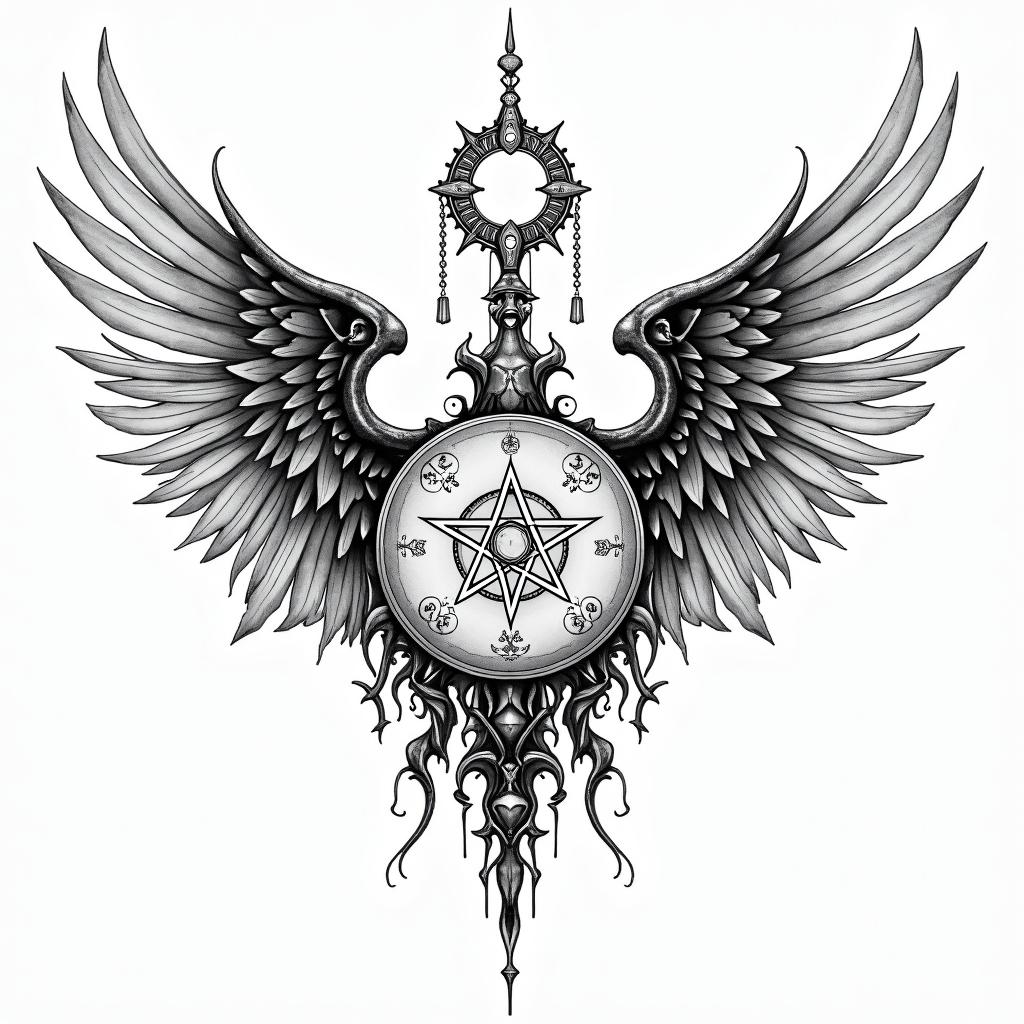 Angels and demonsin paganic style tattoo, featuring ancient symbols, add vegvisir symbol, mystical figures, incorporating designs, pentagrams, runes, crescent moons,