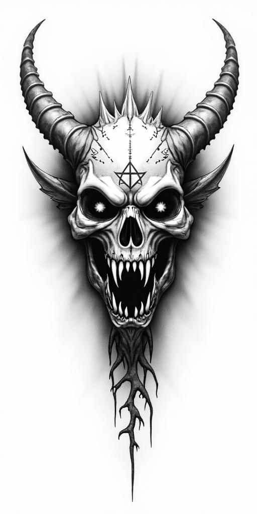 Dragoncreepy horror tattoo style, featuring an eerie and unsettling skull of a demonic creature, distorted face with sharp fangs, add pentagram symbol - Variation 5