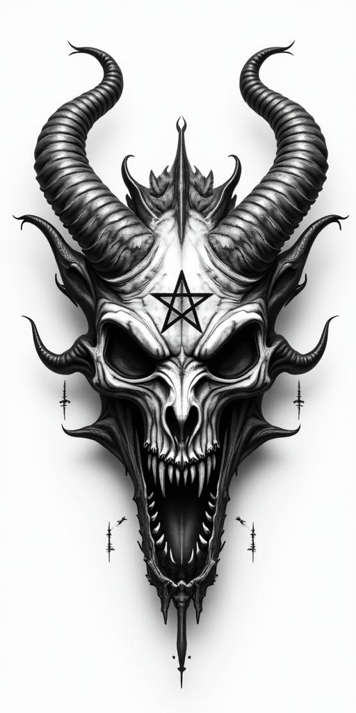 Dragoncreepy horror tattoo style, featuring an eerie and unsettling skull of a demonic creature, distorted face with sharp fangs, add pentagram symbol - Variation 6