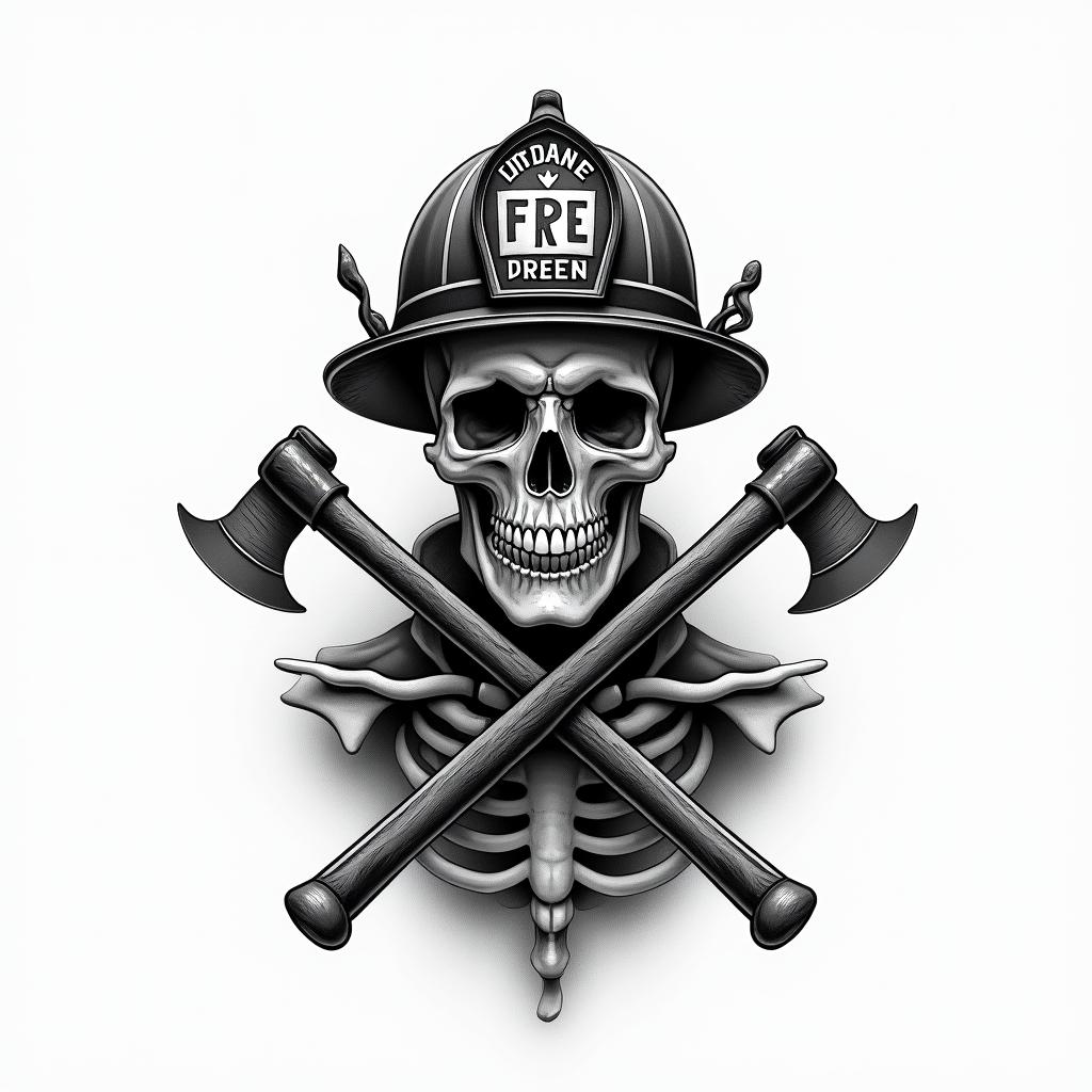 Design me a firefighting logo of a skeleton wearing a fire helmet with two axes crossing each otherin realism tattoo style, featuring a highly detailed, lifelike, capturing every detail, photorealistic, ultra realistic, intricate shading, smooth and sharp,  