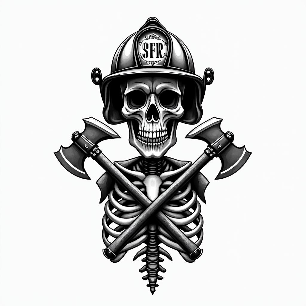 Design me a firefighting logo of a skeleton wearing a fire helmet with two axes crossing each otherin realism tattoo style, featuring a highly detailed, lifelike, capturing every detail, photorealistic, ultra realistic, intricate shading, smooth and sharp,   - Variation 3