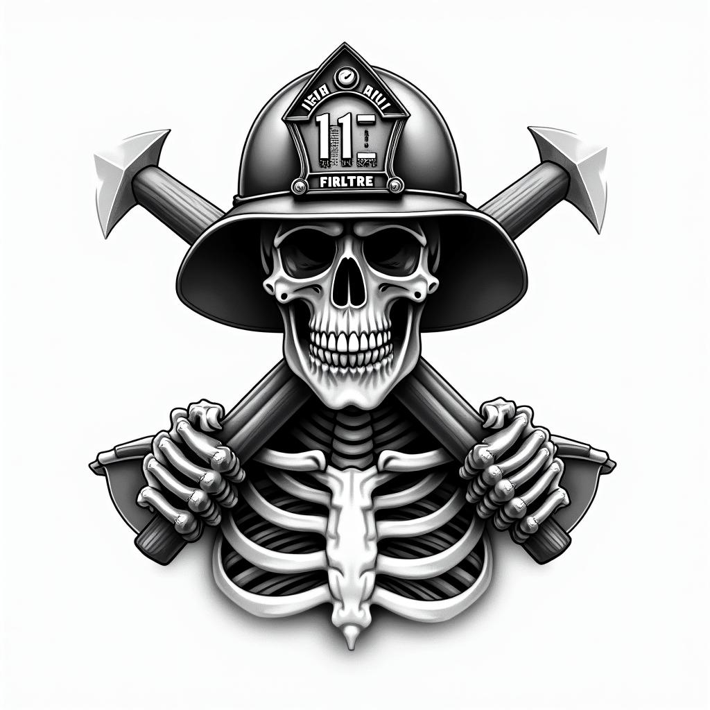 Design me a firefighting logo of a skeleton wearing a fire helmet with two axes crossing each otherin realism tattoo style, featuring a highly detailed, lifelike, capturing every detail, photorealistic, ultra realistic, intricate shading, smooth and sharp,   - Variation 4
