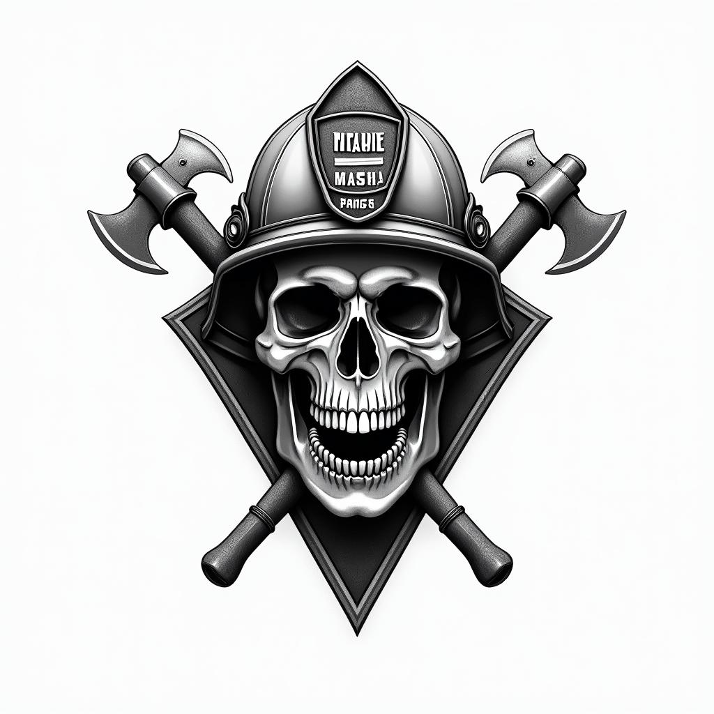 Design me a firefighting logo of a skeleton wearing a fire helmet with two axes crossing each otherin realism tattoo style, featuring a highly detailed, lifelike, capturing every detail, photorealistic, ultra realistic, intricate shading, smooth and sharp,   - Variation 2