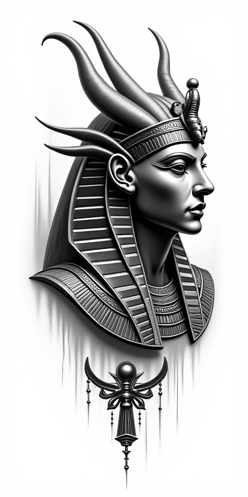 Dragonin egyptian style tattoo, bold elements of ancient egyptian culture including a portrait of an Egyptian pharaoh with detailed facial features, in hieroglyphs and symbolic imagery, eye of horus, ankh symbol, scarab beetle - Variation 7