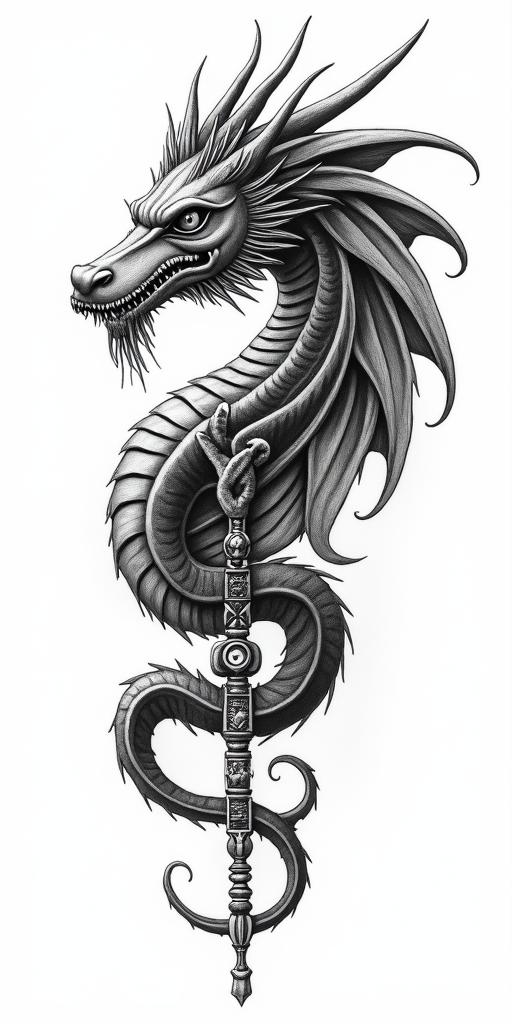 Dragonin egyptian style tattoo, bold elements of ancient egyptian culture including a portrait of an Egyptian pharaoh with detailed facial features, in hieroglyphs and symbolic imagery, eye of horus, ankh symbol, scarab beetle - Variation 6