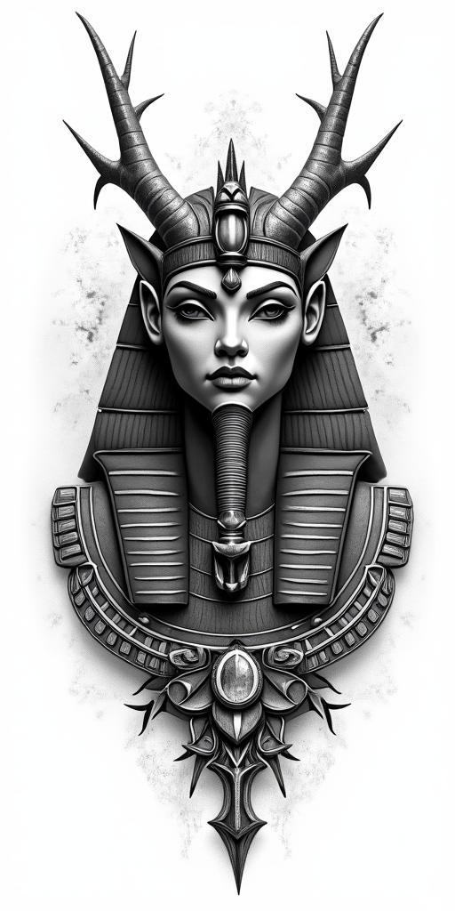 Dragonin egyptian style tattoo, bold elements of ancient egyptian culture including a portrait of an Egyptian pharaoh with detailed facial features, in hieroglyphs and symbolic imagery, eye of horus, ankh symbol, scarab beetle - Variation 8
