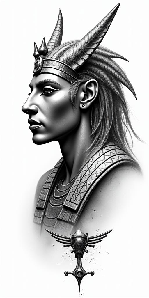 Dragonin egyptian style tattoo, bold elements of ancient egyptian culture including a portrait of an Egyptian pharaoh with detailed facial features, in hieroglyphs and symbolic imagery, eye of horus, ankh symbol, scarab beetle - Variation 5