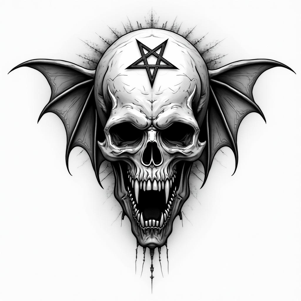 Angels and demonscreepy horror tattoo style, featuring an eerie and unsettling skull of a demonic creature, distorted face with sharp fangs, add pentagram symbol - Variation 1
