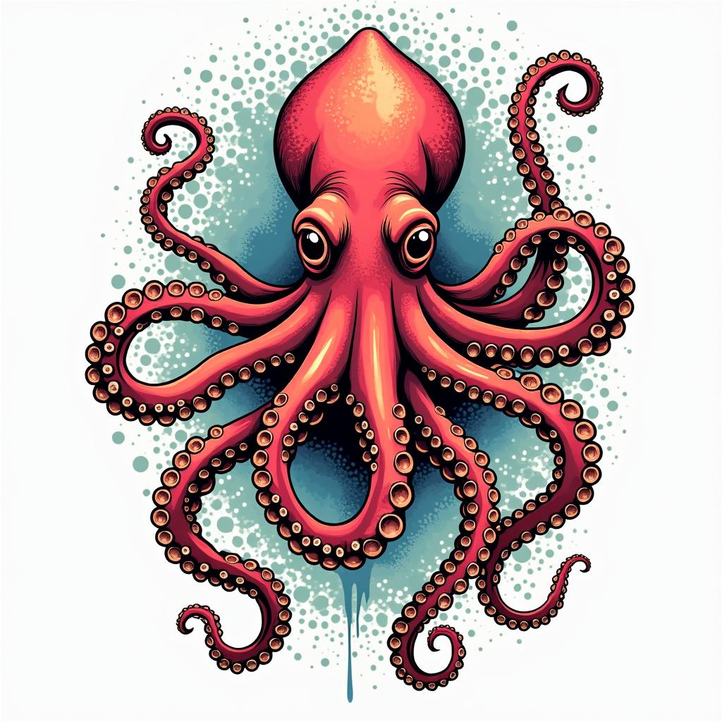 Feminine octopusin pop art style tattoo, featuring bold and vibrant colors, exaggerated outlines, iconic imagery, inspired by comic books and speech bubbles, comic book characters, retro pop culture - Variation 2