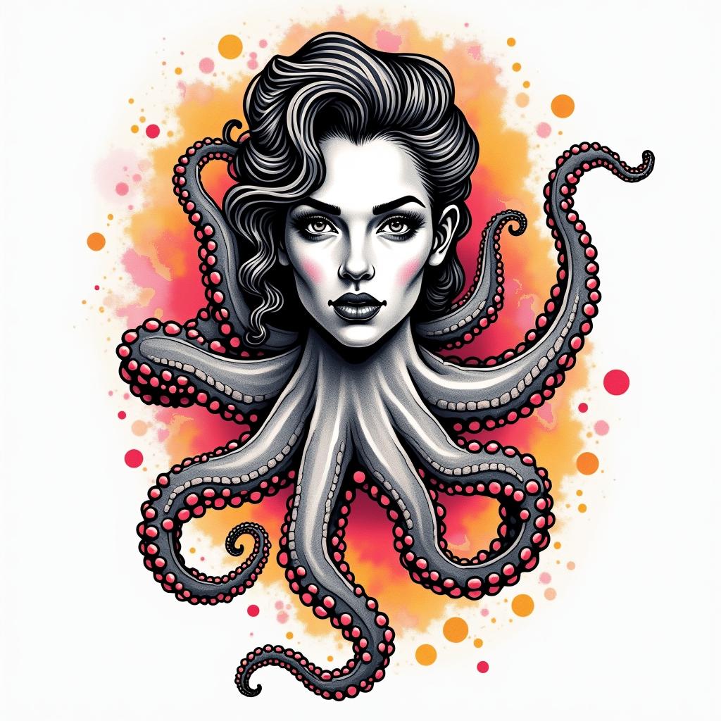 Feminine octopusin pop art style tattoo, featuring bold and vibrant colors, exaggerated outlines, iconic imagery, inspired by comic books and speech bubbles, comic book characters, retro pop culture - Variation 4