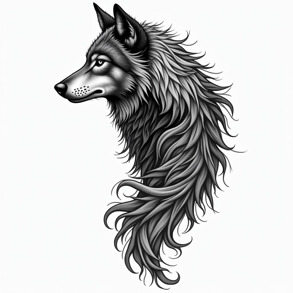 A Scottish tribal style tattoo featuring a dire wolf symbolizing solitude and strength, reflecting the essence of a loner who is not afraid to conquer life alone. The wolf should be intricately enhanced with Scottish tribal patterns from the Stuart kingdom dynasty (1603 to 1714). The phrase "If you fuck around, you won't around" should be artistically integrated into the design, emphasizing resilience and determination.higly detailed tattoo - Variation 4