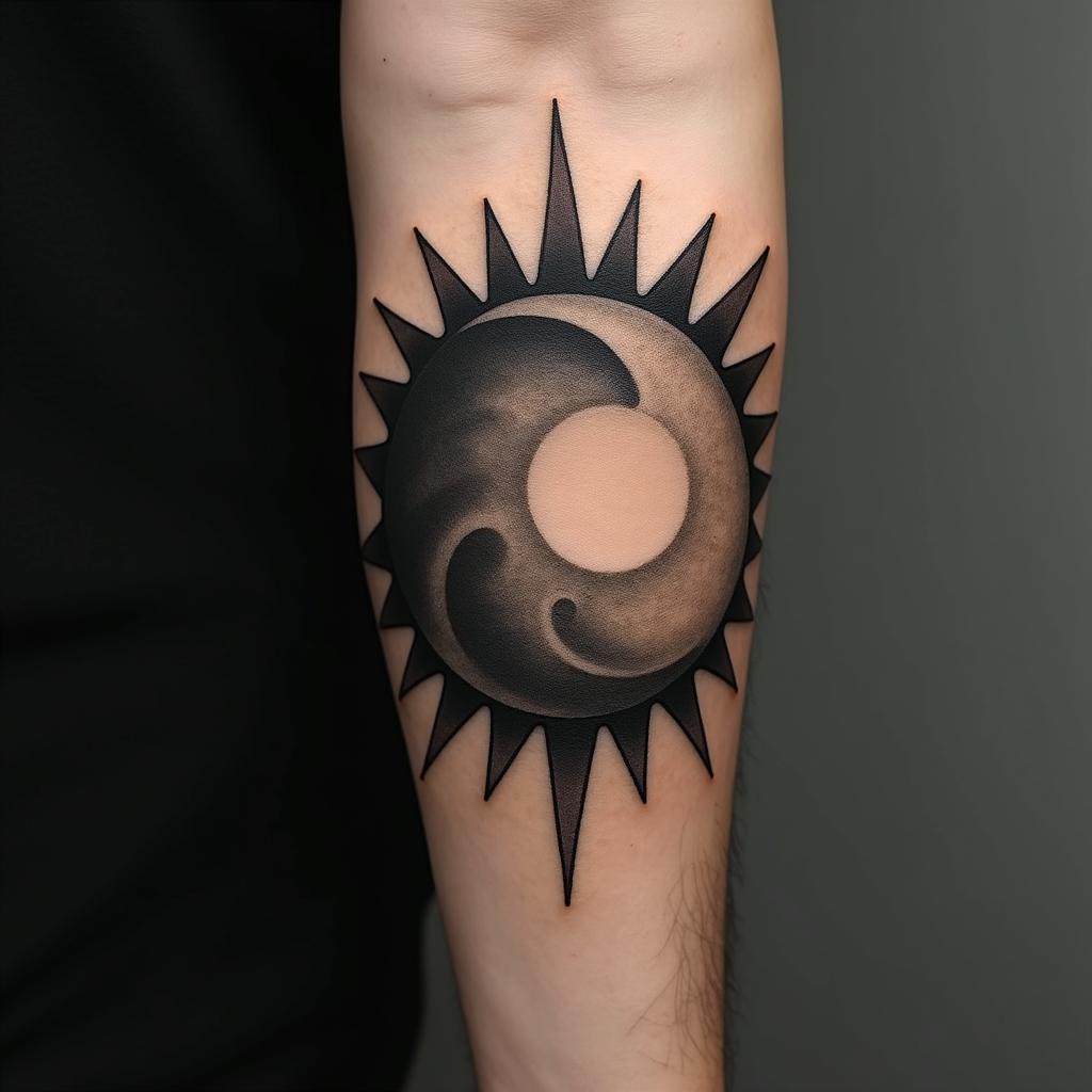 Sun and moon intertwined, shiningin realism tattoo style, featuring a highly detailed, lifelike, capturing every detail, photorealistic, ultra realistic, intricate shading, smooth and sharp, - Variation 7