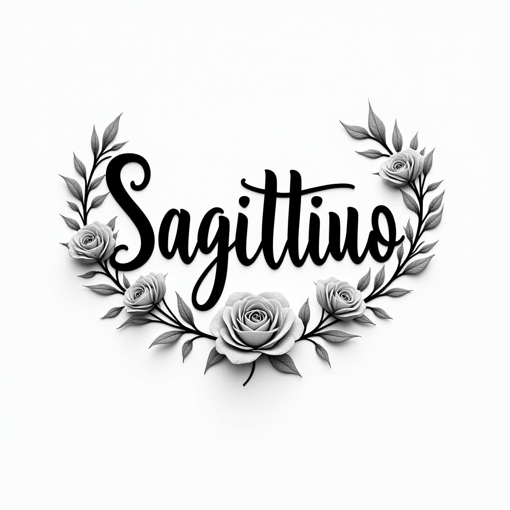 Sagittariusin elegant cursive calligraphy style 2d tattoo, decorate with roses, featuring a smooth and flowing handwritten script with slightly thickened strokes for a luxurious and bold appearance,  heart symbol between names,  sleek and glossy black text with shadowing, minimalist matte white background, clean and sharp edges, illuminated with soft lighting, romantic, 8k, high-quality textures with refined typography - Variation 7