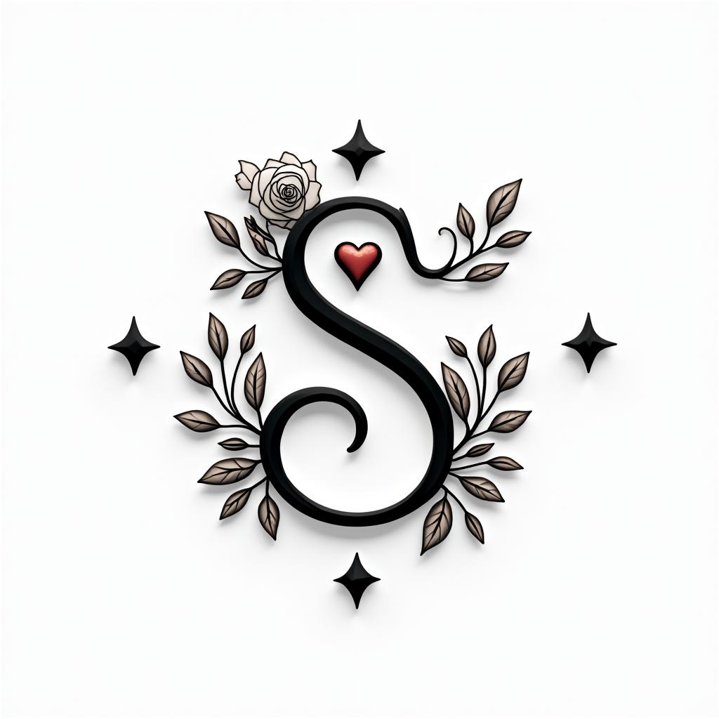 Sagittariusin elegant cursive calligraphy style 2d tattoo, decorate with roses, featuring a smooth and flowing handwritten script with slightly thickened strokes for a luxurious and bold appearance,  heart symbol between names,  sleek and glossy black text with shadowing, minimalist matte white background, clean and sharp edges, illuminated with soft lighting, romantic, 8k, high-quality textures with refined typography - Variation 6