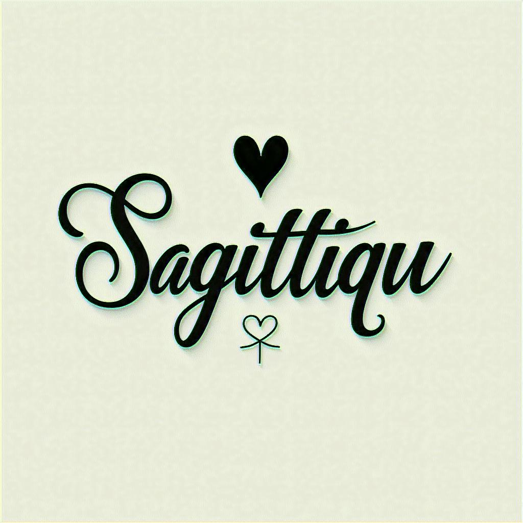 Sagittariusin elegant cursive calligraphy style 2d tattoo, decorate with roses, featuring a smooth and flowing handwritten script with slightly thickened strokes for a luxurious and bold appearance,  heart symbol between names,  sleek and glossy black text with shadowing, minimalist matte white background, clean and sharp edges, illuminated with soft lighting, romantic, 8k, high-quality textures with refined typography - Variation 8