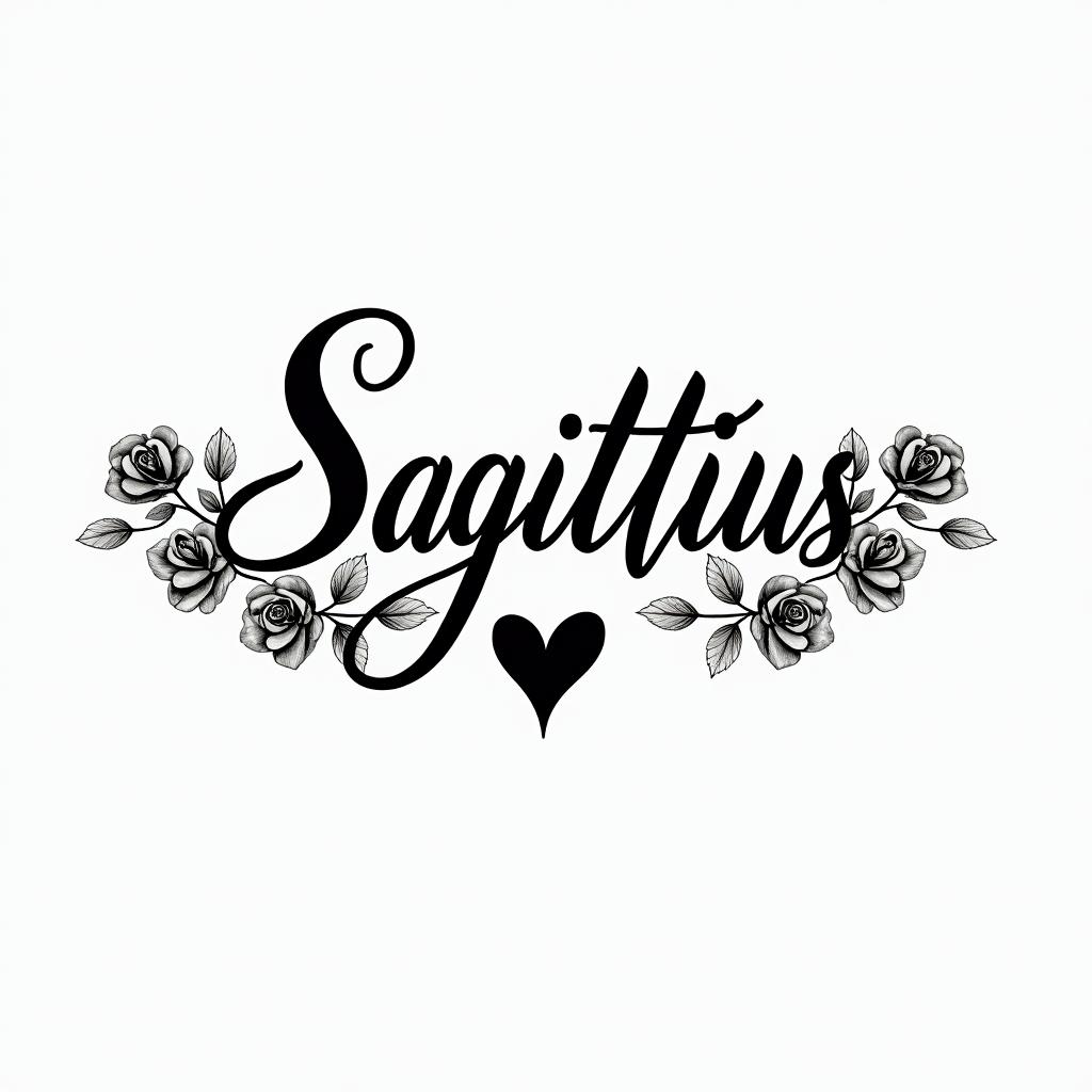 Sagittariusin elegant cursive calligraphy style 2d tattoo, decorate with roses, featuring a smooth and flowing handwritten script with slightly thickened strokes for a luxurious and bold appearance,  heart symbol between names,  sleek and glossy black text with shadowing, minimalist matte white background, clean and sharp edges, illuminated with soft lighting, romantic, 8k, high-quality textures with refined typography - Variation 5
