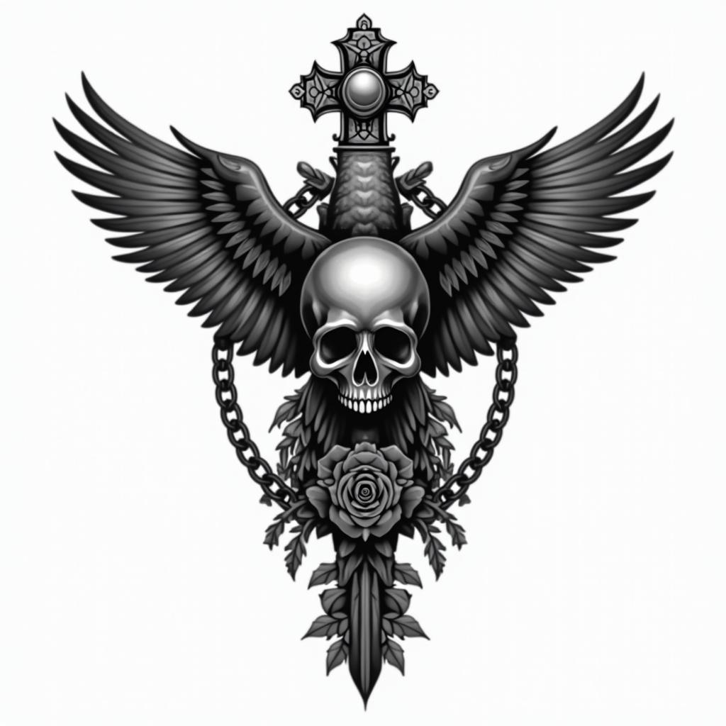 Hawkin chicano style tattoo, featuring intricate black and grey shading, bold elements of traditional chicano culture symbols, add a big cross with skull, chains and roses - Variation 7