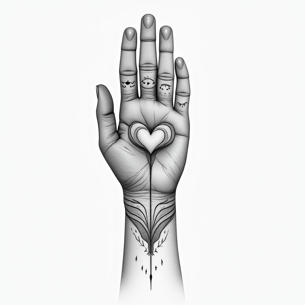 Make me a minimally shaded tattoo that covers the hand and wrist. Please make it themed of Pisces.in Modest style tattoo, featuring soft, delicate line work with simple and meaningful symbols, gentle waves, a heart, evoking a sense of serenity and grace, - Variation 8