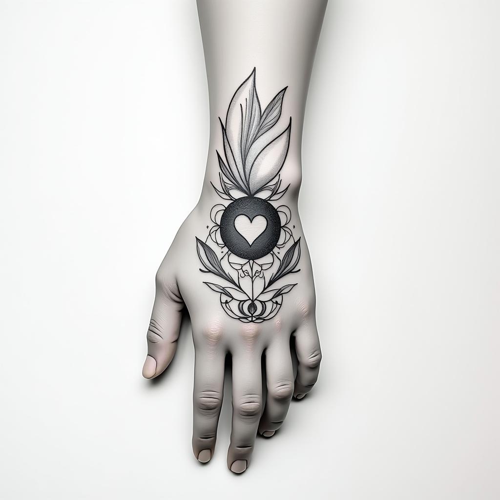 Make me a minimally shaded tattoo that covers the hand and wrist. Please make it themed of Pisces.in Modest style tattoo, featuring soft, delicate line work with simple and meaningful symbols, gentle waves, a heart, evoking a sense of serenity and grace, - Variation 7