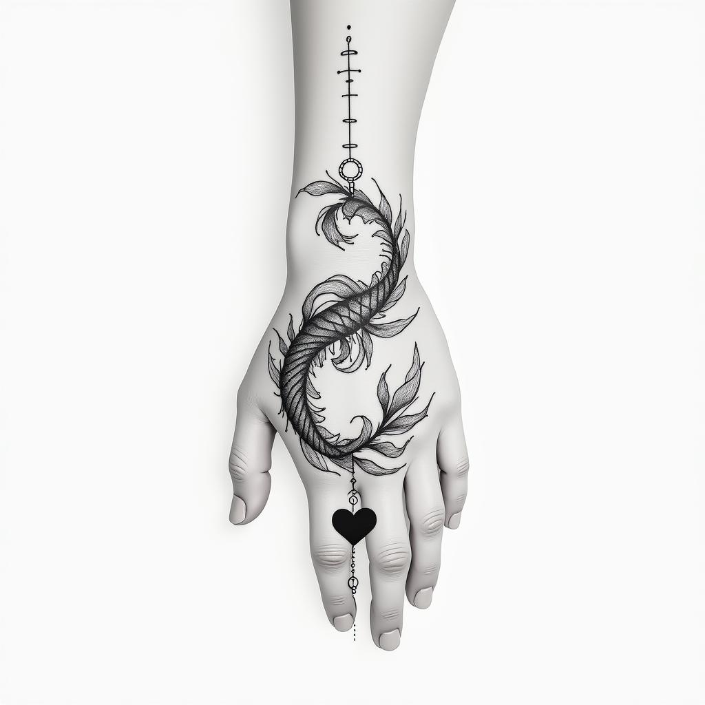 Make me a minimally shaded tattoo that covers the hand and wrist. Please make it themed of Pisces.in Modest style tattoo, featuring soft, delicate line work with simple and meaningful symbols, gentle waves, a heart, evoking a sense of serenity and grace, - Variation 5