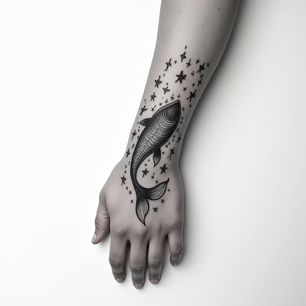 Make me a minimally shaded tattoo that covers the hand and wrist. Please make it themed of Pisces.in Modest style tattoo, featuring soft, delicate line work with simple and meaningful symbols, gentle waves, a heart, evoking a sense of serenity and grace, - Variation 6