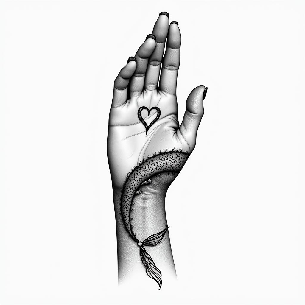 Make me a minimally shaded tattoo that covers the hand and wrist. Please make it themed of Pisces.in Modest style tattoo, featuring soft, delicate line work with simple and meaningful symbols, gentle waves, a heart, evoking a sense of serenity and grace, - Variation 2
