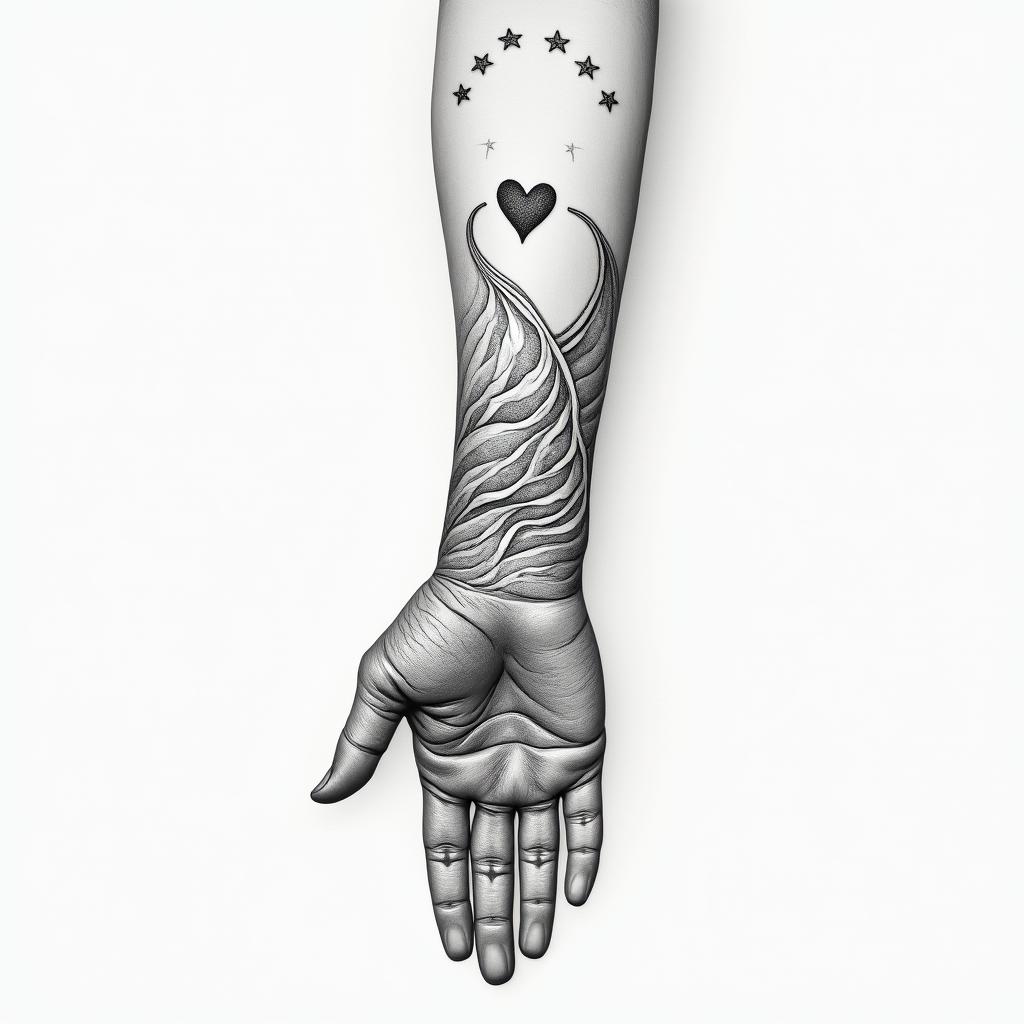 Make me a minimally shaded tattoo that covers the hand and wrist. Please make it themed of Pisces.in Modest style tattoo, featuring soft, delicate line work with simple and meaningful symbols, gentle waves, a heart, evoking a sense of serenity and grace, - Variation 3