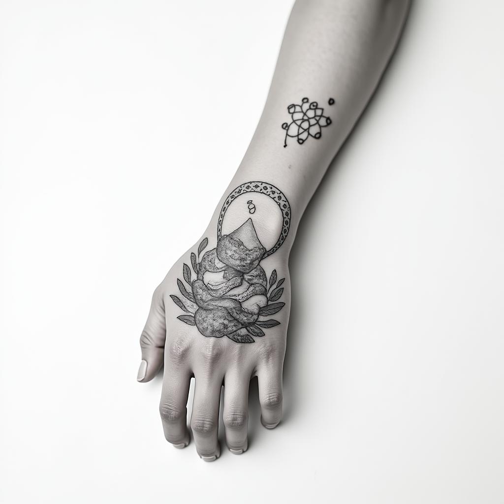 Make me a minimally shaded tattoo that covers the hand and wrist. Please make it themed of Pisces.in Modest style tattoo, featuring soft, delicate line work with simple and meaningful symbols, gentle waves, a heart, evoking a sense of serenity and grace,