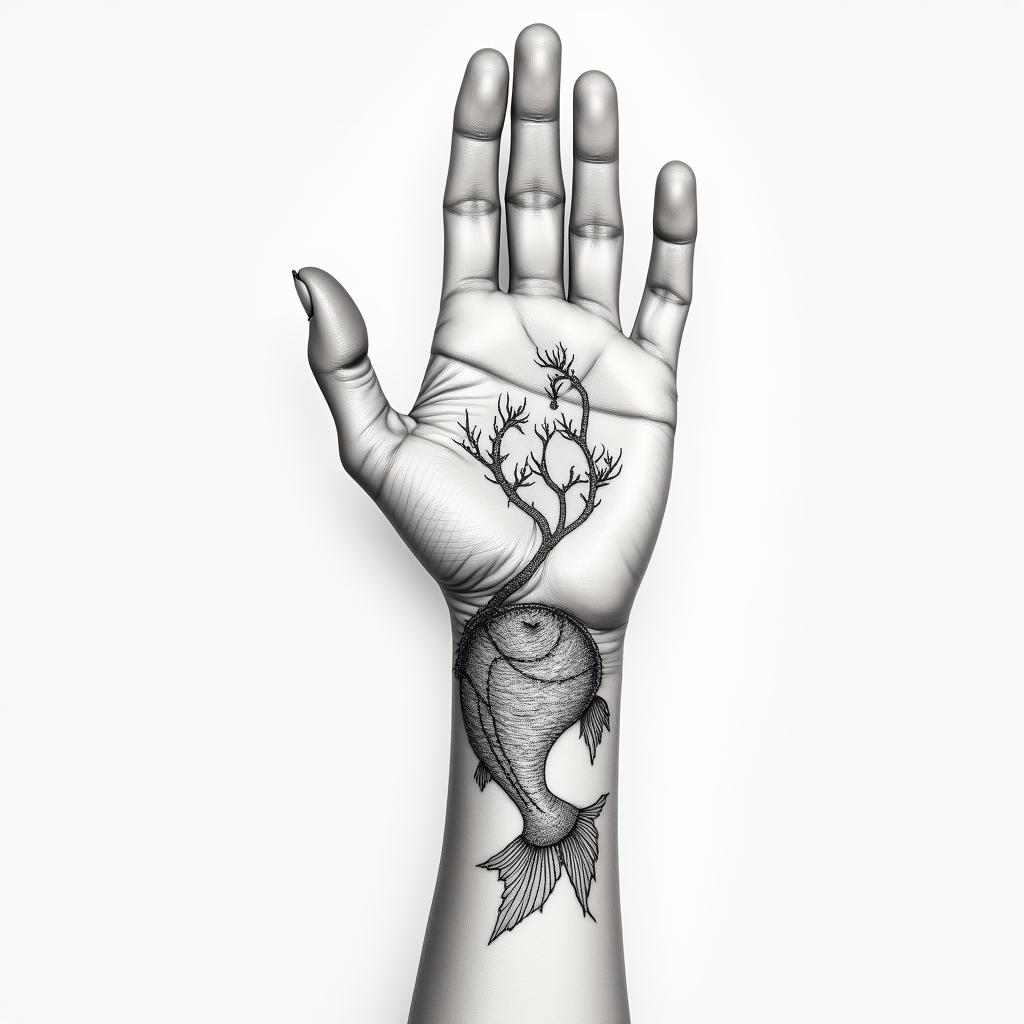 Make me a minimally shaded tattoo that covers the hand and wrist. Please make it themed of Pisces.in Modest style tattoo, featuring soft, delicate line work with simple and meaningful symbols, gentle waves, a heart, evoking a sense of serenity and grace, - Variation 4