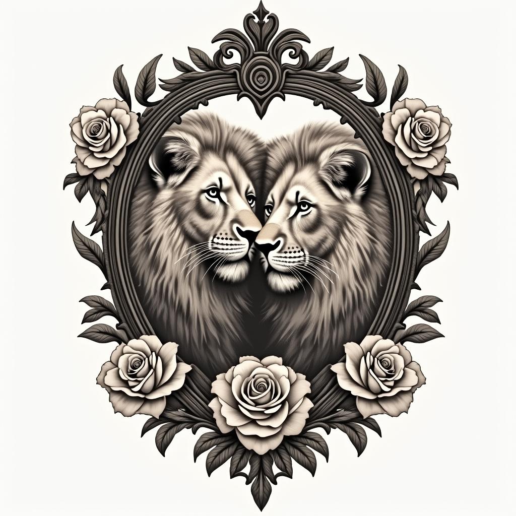 Daughter son lionsin victorian style tattoo, featuring vintage and elegant elements, ornate frames, roses, antique, sepia-toned color scheme - Variation 1