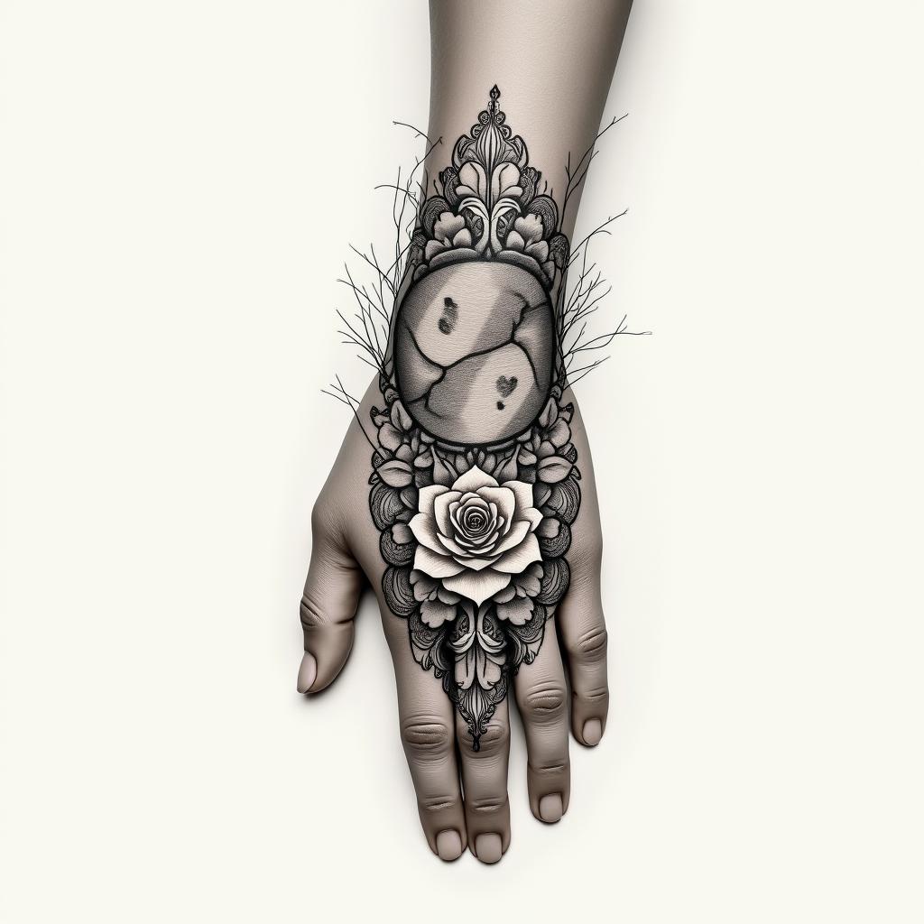 Make me a minimally shaded tattoo that covers the hand and wrist. Please make it themed of Pisces.in victorian style tattoo, featuring vintage and elegant elements, ornate frames, roses, antique, sepia-toned color scheme - Variation 1