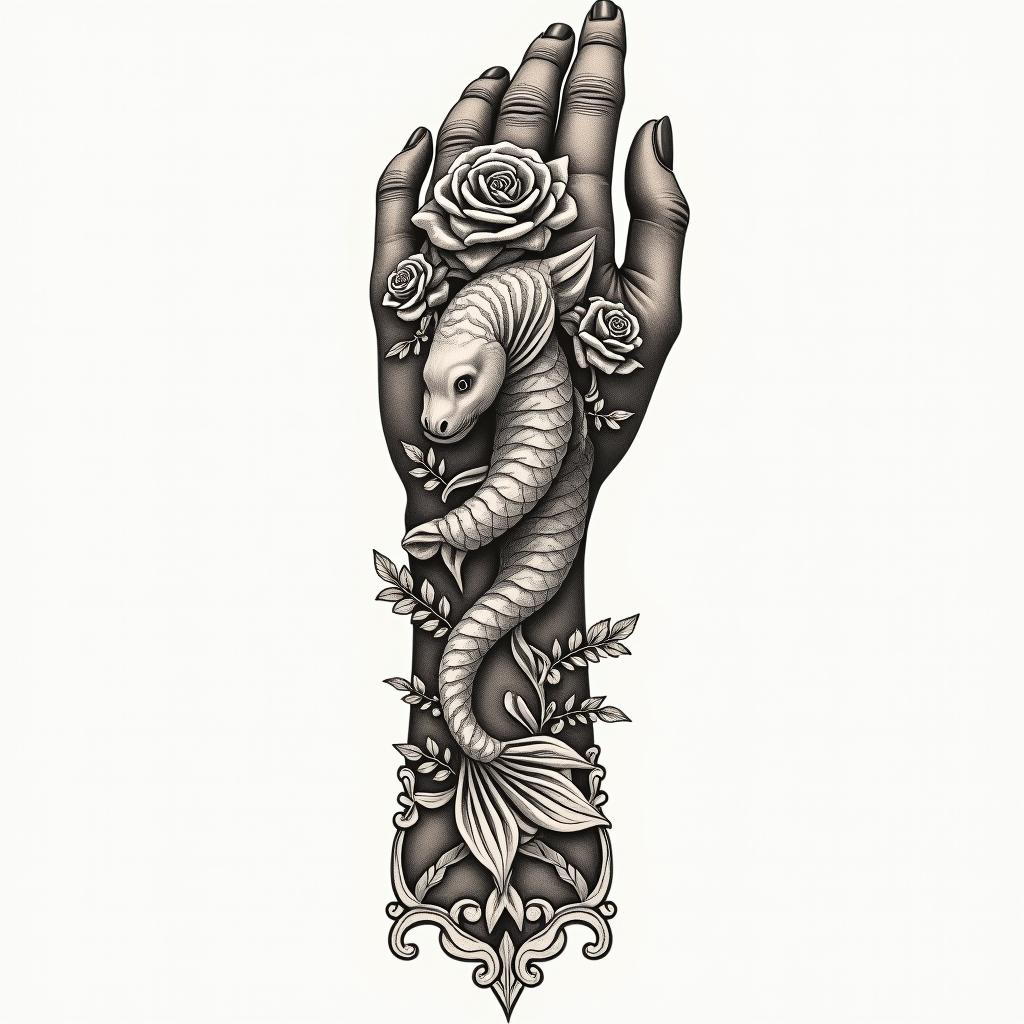 Make me a minimally shaded tattoo that covers the hand and wrist. Please make it themed of Pisces.in victorian style tattoo, featuring vintage and elegant elements, ornate frames, roses, antique, sepia-toned color scheme - Variation 4