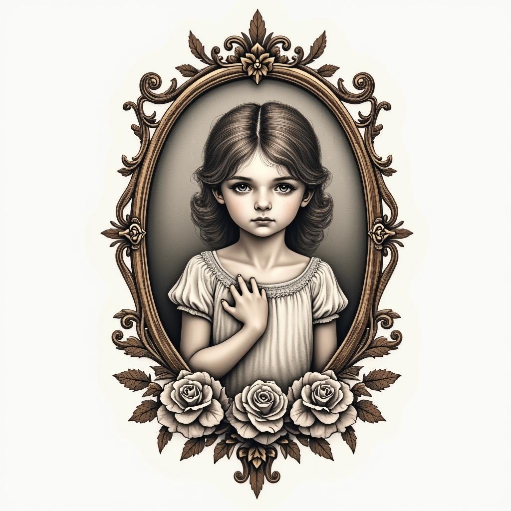 Childrenin victorian style tattoo, featuring vintage and elegant elements, ornate frames, roses, antique, sepia-toned color scheme - Variation 1