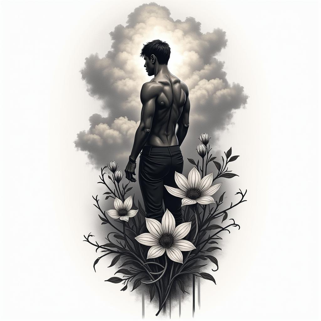 A detailed tattoo design symbolizing solitude and resilience, featuring a strong individual standing tall amidst a storm, embodying the journey from heartbreak to strength. Incorporate natural elements like a blooming flower symbolizing rebirth, alongside stormy clouds representing difficult times. Include a quote about resilience, with a blend of dark and vibrant colors to contrast the emotions of solitude and the desire to move forward.higly detailed tattoo - Variation 3