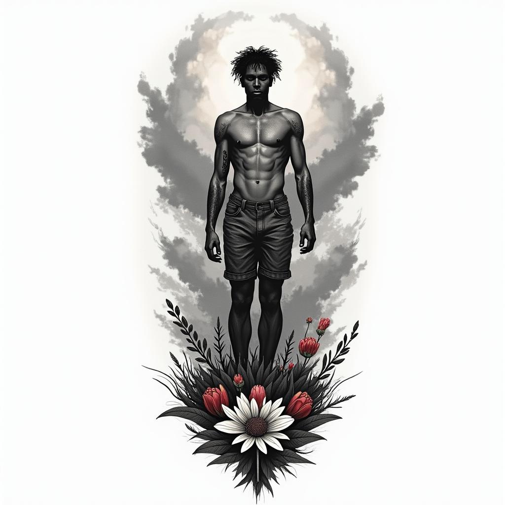 A detailed tattoo design symbolizing solitude and resilience, featuring a strong individual standing tall amidst a storm, embodying the journey from heartbreak to strength. Incorporate natural elements like a blooming flower symbolizing rebirth, alongside stormy clouds representing difficult times. Include a quote about resilience, with a blend of dark and vibrant colors to contrast the emotions of solitude and the desire to move forward.higly detailed tattoo - Variation 4