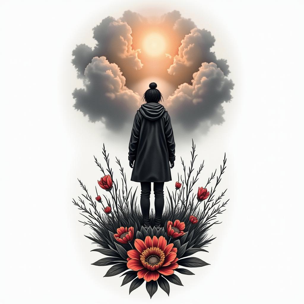 A detailed tattoo design symbolizing solitude and resilience, featuring a strong individual standing tall amidst a storm, embodying the journey from heartbreak to strength. Incorporate natural elements like a blooming flower symbolizing rebirth, alongside stormy clouds representing difficult times. Include a quote about resilience, with a blend of dark and vibrant colors to contrast the emotions of solitude and the desire to move forward.higly detailed tattoo - Variation 2