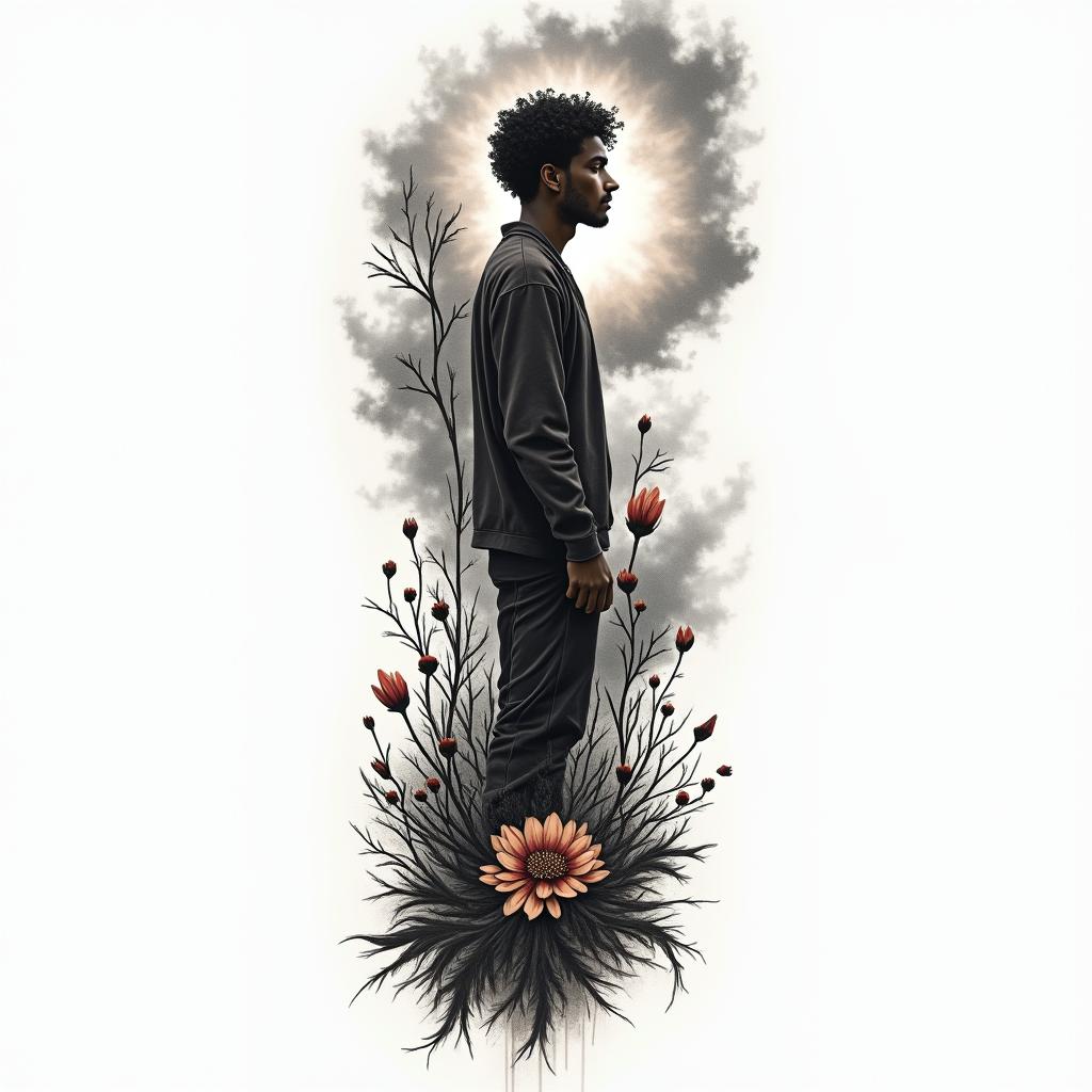 A detailed tattoo design symbolizing solitude and resilience, featuring a strong individual standing tall amidst a storm, embodying the journey from heartbreak to strength. Incorporate natural elements like a blooming flower symbolizing rebirth, alongside stormy clouds representing difficult times. Include a quote about resilience, with a blend of dark and vibrant colors to contrast the emotions of solitude and the desire to move forward.higly detailed tattoo