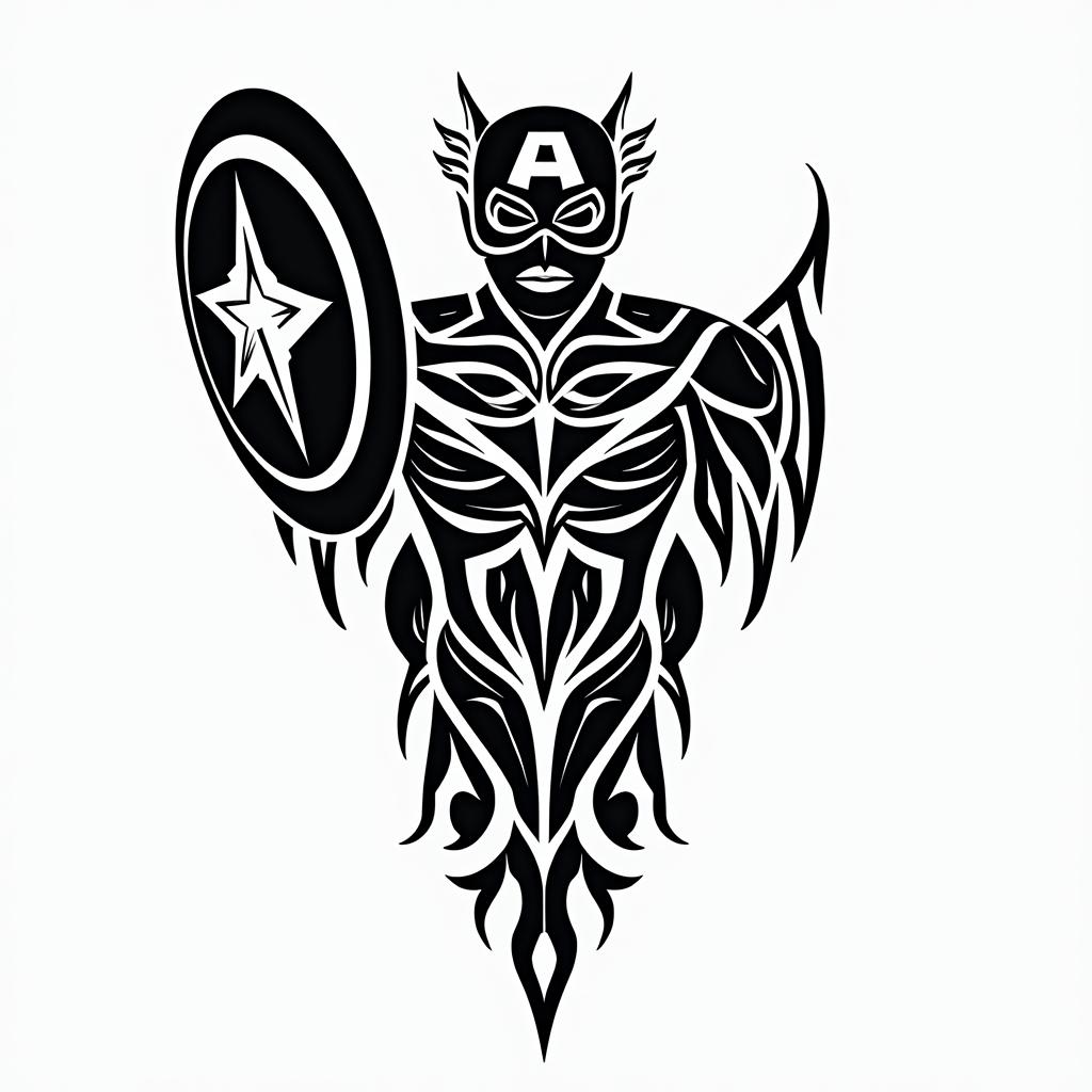 Captain America with his shield raisedin tribal tattoo style, featuring bold and black geometric shapes, curved lines, intertwine and flow seamlessly, creating a powerful and symbolic design, polynesian and maori styles - Variation 2