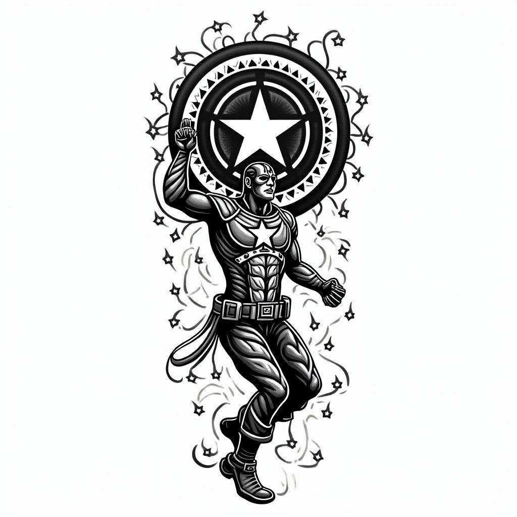 Captain America with his shield raisedin tribal tattoo style, featuring bold and black geometric shapes, curved lines, intertwine and flow seamlessly, creating a powerful and symbolic design, polynesian and maori styles - Variation 3