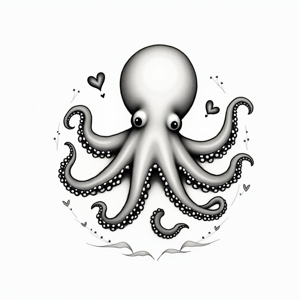 Feminine, cute octopusin Modest style tattoo, featuring soft, delicate line work with simple and meaningful symbols, gentle waves, a heart, evoking a sense of serenity and grace,