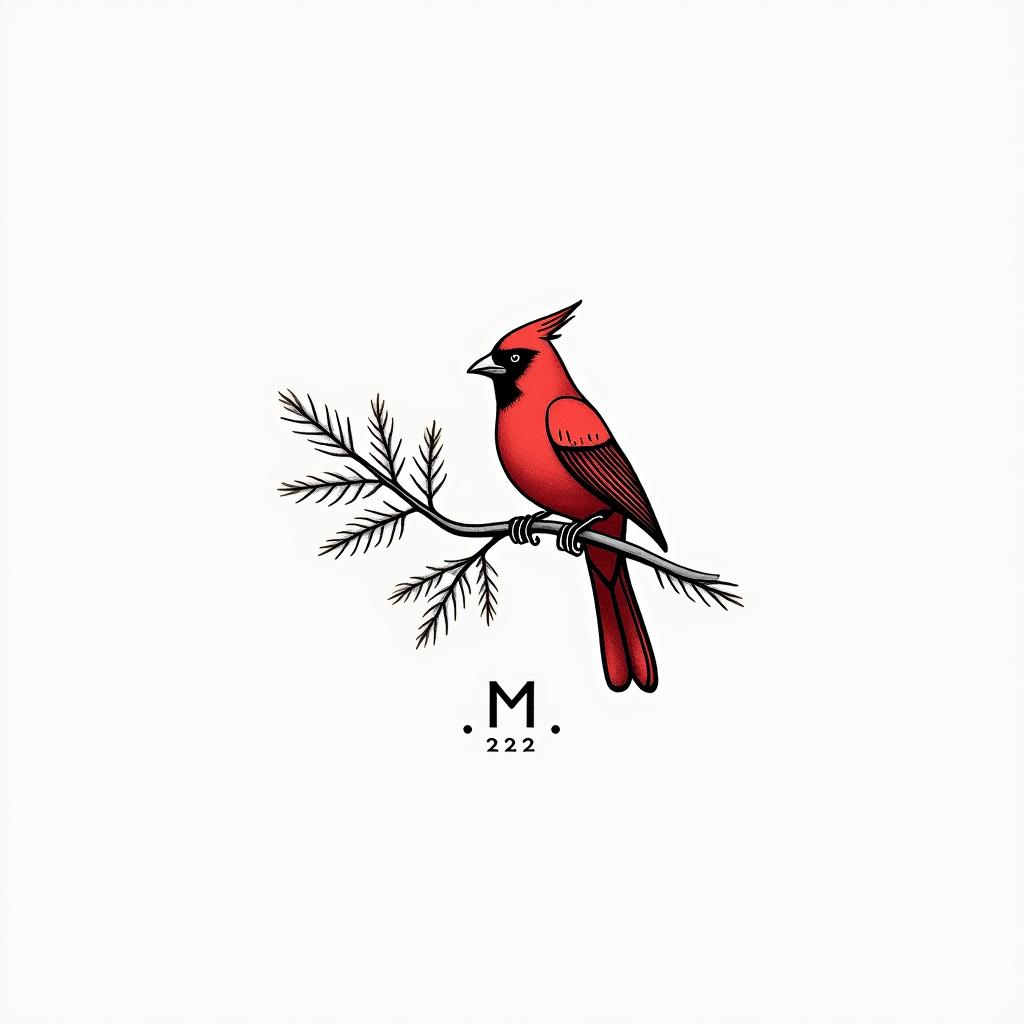 A minimalist and dainty tattoo design of a red outlined cardinal resting on a branch, with the numbers "122121" and the initial "M" incorporated into the design, suitable for a woman's wrist.higly detailed tattoo - Variation 6