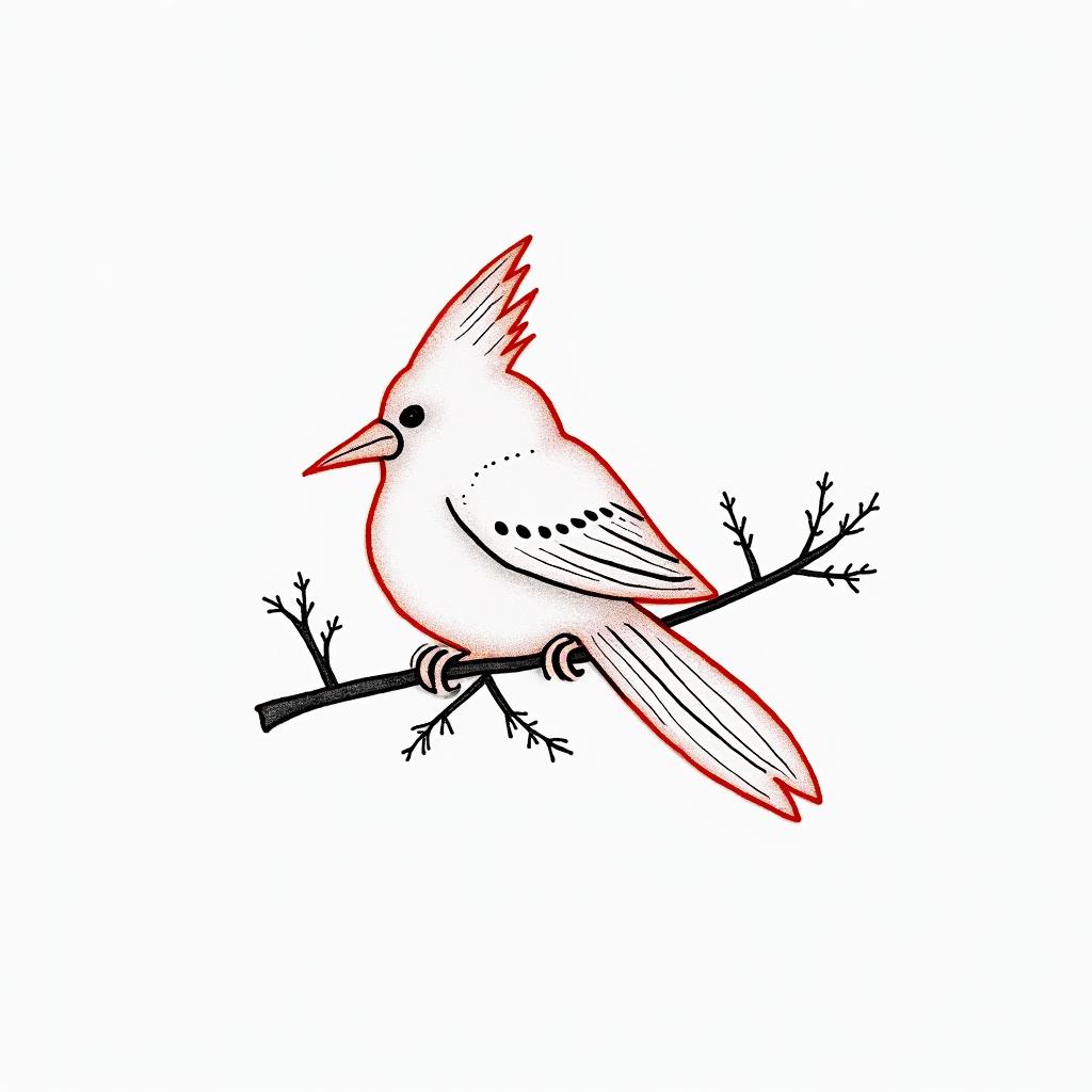 A minimalist and dainty tattoo design of a red outlined cardinal resting on a branch, with the numbers "122121" and the initial "M" incorporated into the design, suitable for a woman's wrist.higly detailed tattoo - Variation 8