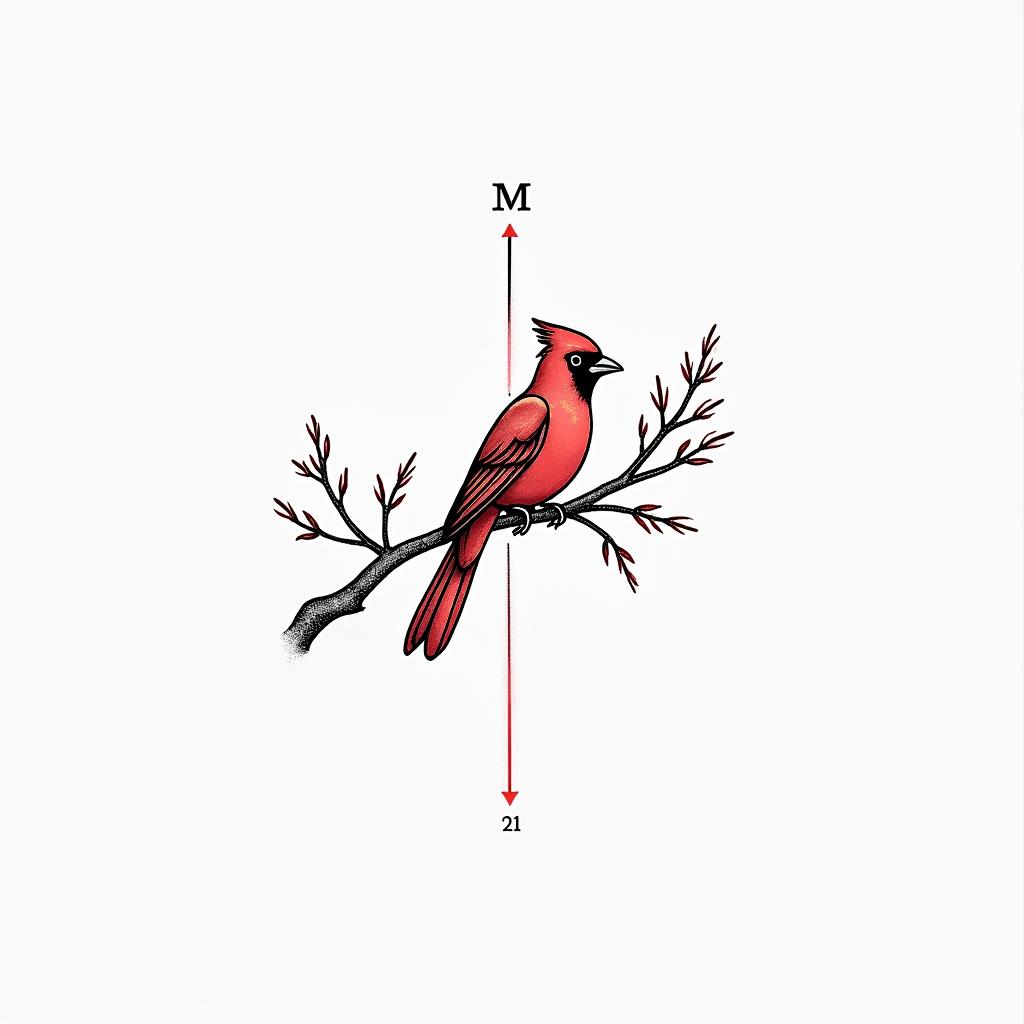 A minimalist and dainty tattoo design of a red outlined cardinal resting on a branch, with the numbers "122121" and the initial "M" incorporated into the design, suitable for a woman's wrist.higly detailed tattoo - Variation 5